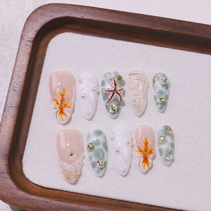 <span class=keywords><strong>Uñas</strong></span> Postizas Cortas Almendradas Hechas a Mano, Diseño de Sirena de Verano, Estrella de Mar 3D <span class=keywords><strong>y</strong></span> Perla, Arte de Ondas de Agua en Color Menta, <span class=keywords><strong>Uñas</strong></span> Románticas de Playa, Venta al Por Mayor - Product Image 3