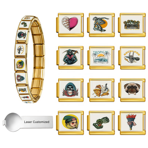 Bracelet à breloques italien style tatouage vintage, motifs audacieux d'art tatoué et de crânes, bijoux punk branchés pour hommes et femmes, vente en gros - Product Image 1