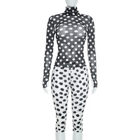 Setelan Dua Potong Wanita Motif Polkadot, Atasan Crop Top Lengan Panjang Bahan Mesh Seksi dan Celana Skinny Bodycon