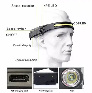Lanterna de cabeça de led cob, induções recarregável, sensor de silicone, luz para caminhadas, escalada