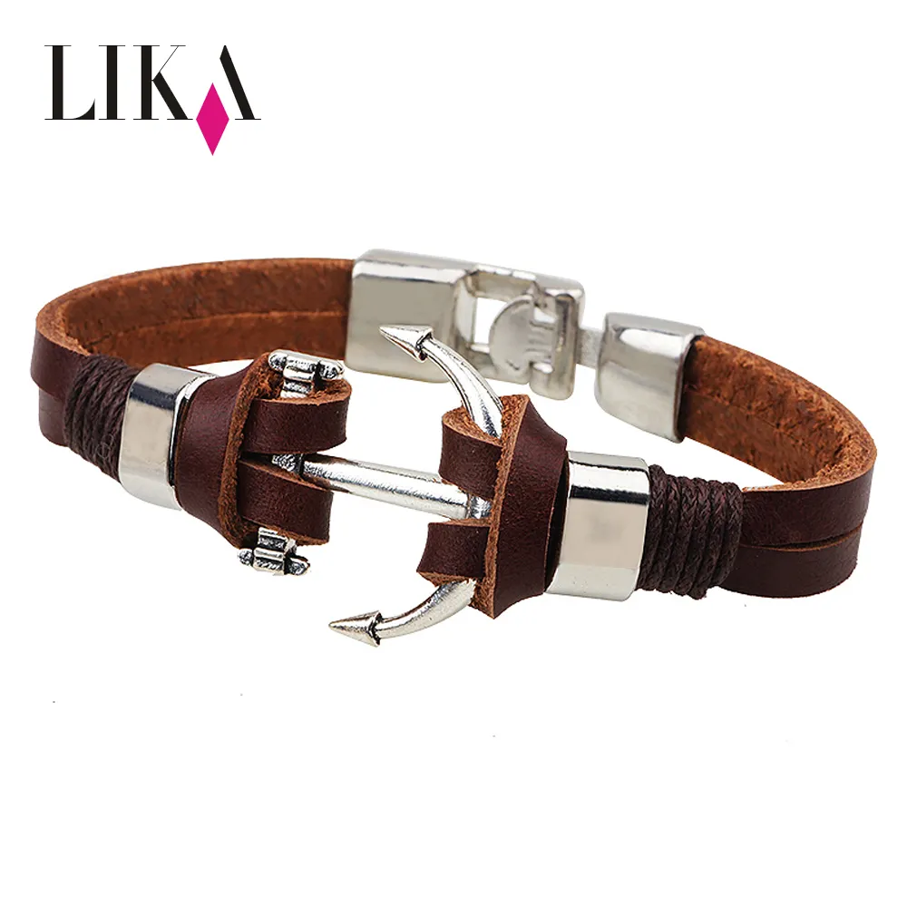 Lika Popular Products Fashion Genuine Cuff With Vintage Rudder Charm Leather Anchor Linked Clasp Ocean Bracelet