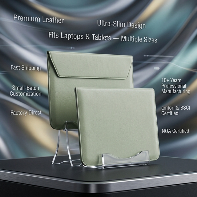 Business Light Green Slim Leather Tablet Laptop Pouch Stitched Edge Durable Office Travel Protective Case