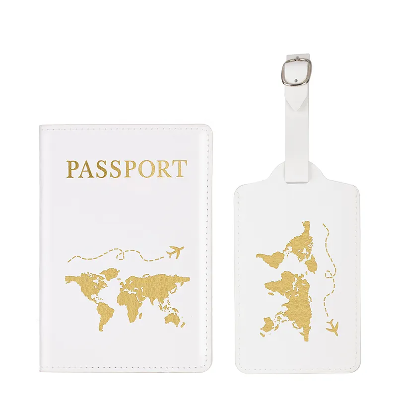 Factory Custom Pu Leather Passport Holder Cover Case Travel Wallet Passport Holder And Luggage Tag Set With Map Gold Logo