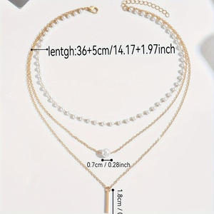 Kalung liontin wanita, rantai Tautan emas tiga lapis elegan dengan mutiara imitasi geometris Strip panjang liontin kalung untuk wanita - Product Image 2