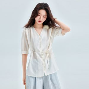 Camicetta da donna <span class=keywords><strong>bianca</strong></span> a maniche corte con scollo a V, nuovo design 2026, stile western con lacci, versatile. - Product Image 1
