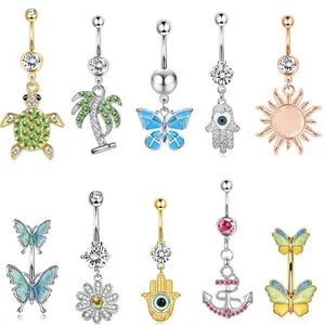 2022 New Gold Turtle Rhinestone Navel Belly Piercing Ring Stainless Steel Crystal Butterfly Flower Belly Button Ring