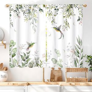 Rideaux <span class=keywords><strong>de</strong></span> cuisine en tissu vert eucalyptus, 2 panneaux, motif floral <span class=keywords><strong>de</strong></span> feuilles vertes sauge et colibris, petits rideaux courts pour café - Product Image 5