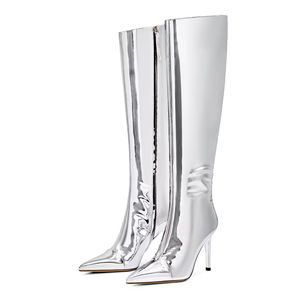 Sepatu bot Wanita hak Stiletto ujung runcing ritsleting kain berpayet tinggi lutut perak metalik seksi kustom mode - Product Image 1