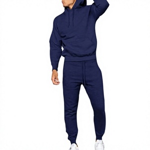 <b>Men</b> Hooded Tracksuit Solid <b>Navy</b> Cotton Casual Wear Full Length Drawstring <b>Jogger</b> Pants Regular Fit Autumn Breathable - Product Image 3