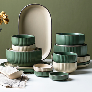 Assiettes en céramique vert beige gaufré mat personnalisé SWT bol à salade personnalisé bol en porcelaine <span class=keywords><strong>de</strong></span> style japonais - Product Image 4