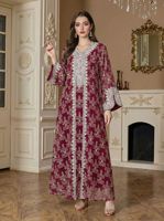 Robe longue musulmane de luxe multicolore en dentelle blanche brodée en mousseline de Dubaï 2026, col en V, manches trois quarts, tenue modeste