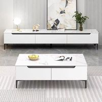 Meuble TV blanc de luxe léger avec plateau en marbre, table basse moderne pour salon, combinaison de meubles avec tiroirs et compartiments, structure en bois massif pour petits espaces