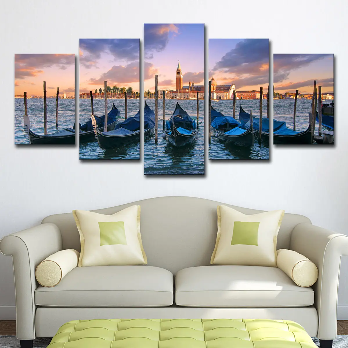 5 panel tampilan laut perahu biru Poster gambar pinggir pantai Kota Matahari terbenam pemandangan Modern kanvas cetak seni untuk ruang makan dekorasi