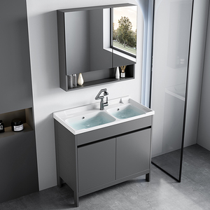 Mueble de Baño Independiente con Doble <span class=keywords><strong>Lavabo</strong></span> para Proyectos Hoteleros, Gabinete de Piso Impermeable de Aluminio, <span class=keywords><strong>Lavabo</strong></span> de Cerámica y Gabinete con Espejo - Product Image 4
