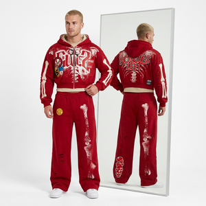 Conjunto de Sudadera con Capucha Roja para Hombre, Estampado Digital, Estilo Urbano, Conjunto de Dos Piezas con Pantalones Forrados de Felpa con Patrón de Huesos - Product Image 6