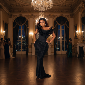 Elegant Black Mermaid Corset Dress Women Floor-Length Beaded Breathable Vintage Handmade Embroidery Built-in <b>Bra</b> Evening Gown - Product Image 3