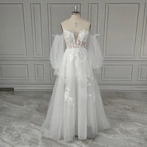 高品质白色薄纱a线脱衣婚纱，带蕾丝v领落地式新娘礼服，适合客人派对2024
