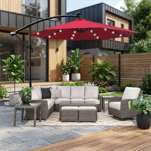 Ombrellone da Esterno in Metallo con Tessuto Rosso, Alimentato a Energia Solare, con Luci LED, Impermeabile, 8 Stecche, con Manovella e Base a Croce, Protezione Solare per Patio - Product Image 3