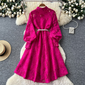 Robe élégante pour femmes, <span class=keywords><strong>vintage</strong></span>, à col rond, à manches bouffantes, à boutons, à taille nouée, avec broderie complexe - Product Image 6