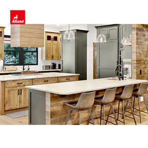 Allandcabinet màu xanh sơn và màu nâu gỗ sồi rắn hình chữ U Shaker phong cách tủ bếp hai tông màu với đảo - Product Image 4