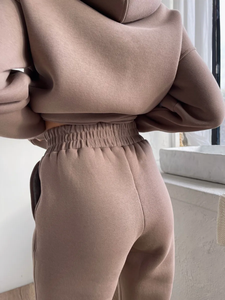 ODM ชุดกีฬาผู้หญิงแบบสองชิ้น, ชุดออกกำลังกายแบบสองชิ้นทรงหลวมแขนยาวมีฮู้ดกระเป๋าจิงโจ้กางเกงกีฬายืดได้ - Product Image 5