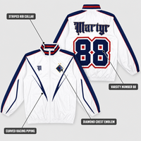 Vestes blanches personnalisées pour hommes en nylon avec manches à rayures de course, col montant, fermeture éclair et empiècements chevron de qualité pour vêtements de sport universitaires