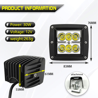 2 lampes de travail LED 30W, projecteurs combinés (spot et large faisceau), feux antibrouillard, avec kit de câblage de 3 m pour camions tout-terrain, VTT, UTV, SUV, bateaux
