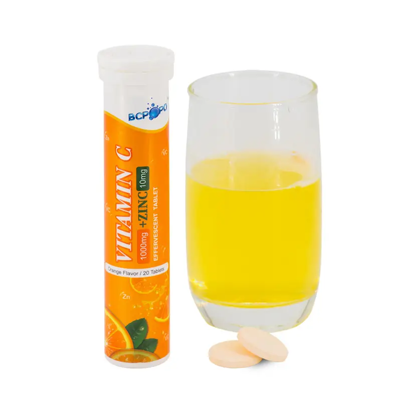 Tabletas efervescentes de vitamina C, suplemento sanitario de fórmula personalizada con etiqueta privada, 1000mg y Zinc, 10mg, OEM
