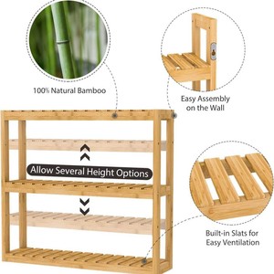 Bamboo <b>Wall</b>-<b>Mounted</b> Three-Tier <b>Shelf</b> Adjustable Storage Rack For Bathroom - Product Image 4