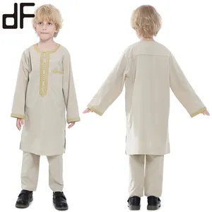 wholesale custom kids shirts set and elastic trousers round neck embroidery pocket long kurti parent-child boys islamic clothing