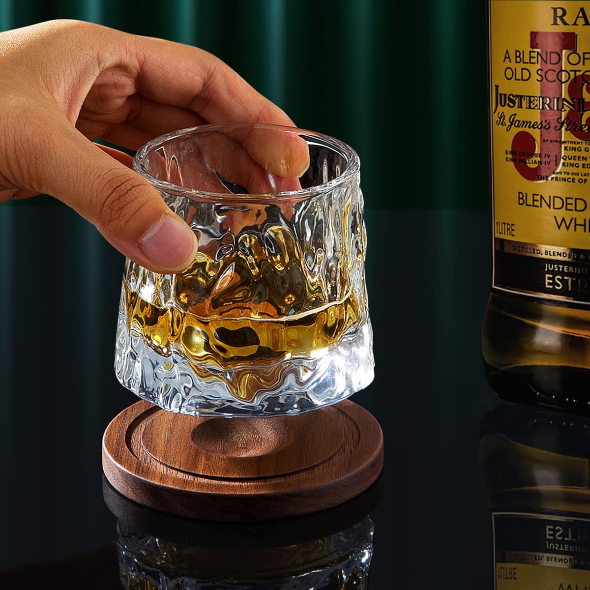 Creative Walnut Coasters Whiskey Glasses Rotatable Tumbler Crystal Glass Cups Drinking Glasses
