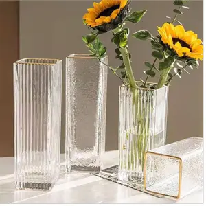 Vas Kaca & Kristal Dekorasi Rumah Grosir dengan Cincin Silinder Emas dan Vas Lantai Modern Mewah Kotak