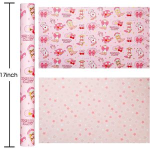 Homeral Pink Cowgirl Wrapping <b>Paper</b> Roll 17In x 32.8Ft Reversible Gift Wrap With Western Boots Hat Cherry <b>Pattern</b> For Girls - Product Image 3