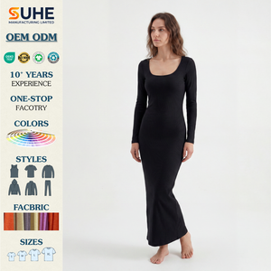 Robe longue moulante côtelée vintage pour femme SUHE en modal et élasthanne, col carré, manches longues, coupe ajustée, en stock, personnalisable avec marque privée - Product Image 2