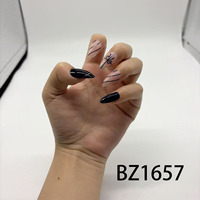 Faux ongles en ABS à presser, amande noire et nude avec nœud et paillettes, réutilisables pour femmes, 24 pièces/ensemble