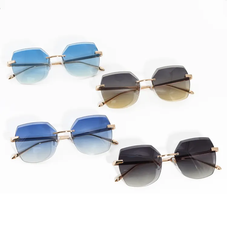 Mais recente Trendy Custom Logo Sun Glasses Oversize Square Rimless Metal Sunglasses Para Senhores Senhoras