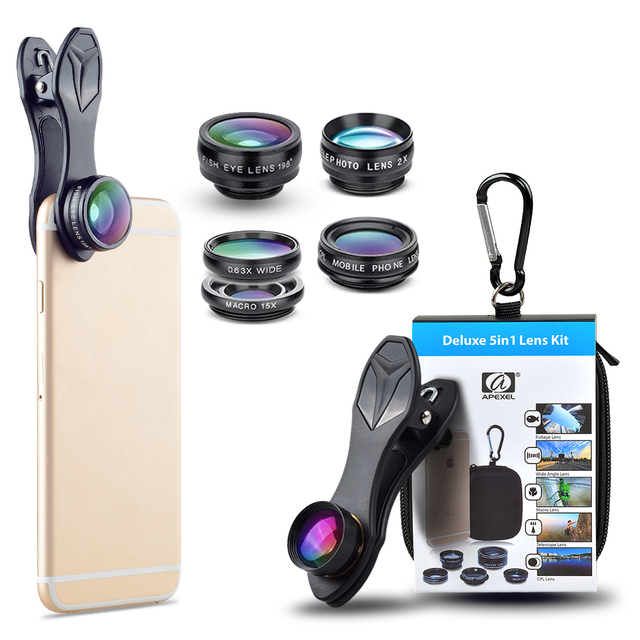 Apexel Wholesale Phone Accessories Mobile Camera Lens 5 in 1 Camera Lenses Kit for Smartphone