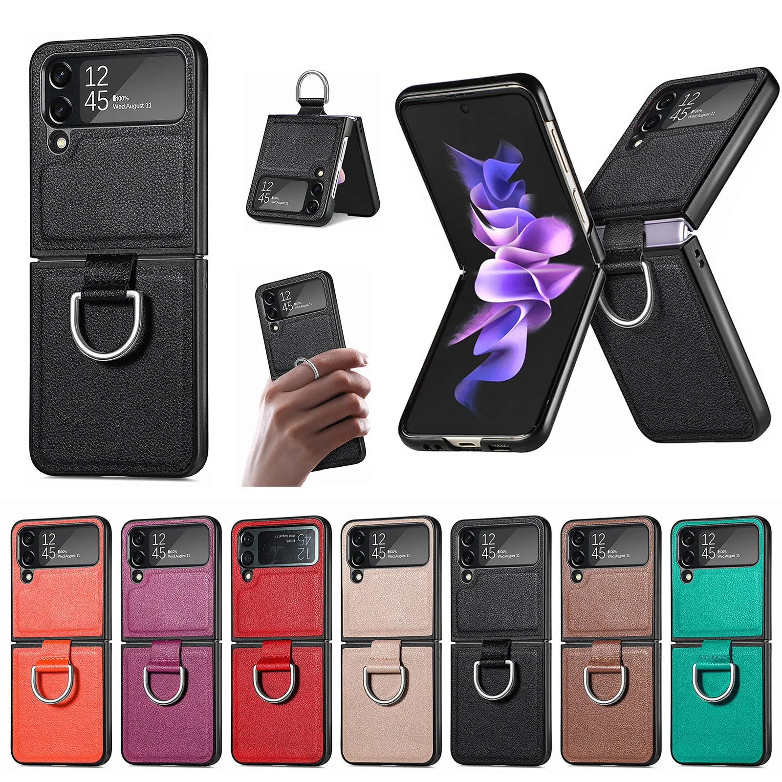 Funda de teléfono de cuero con soporte para anillo sin huella dactilar, funda plegable antigolpes para Samsung Galaxy Z Flip 3, 4, Flip 1, 2, 5G