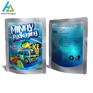 Minfly özel tasarım baskılı koku geçirmez metalik mat plastik holografik Stand Up Doypack kılıfı 3.5g 7g 14g 28g Mylar çanta