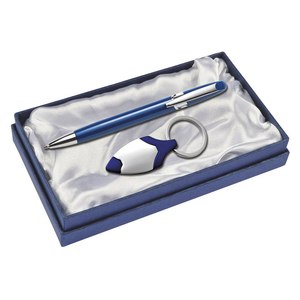 Set di penna a sfera blu e portachiavi in confezione regalo personalizzata - Product Image 1