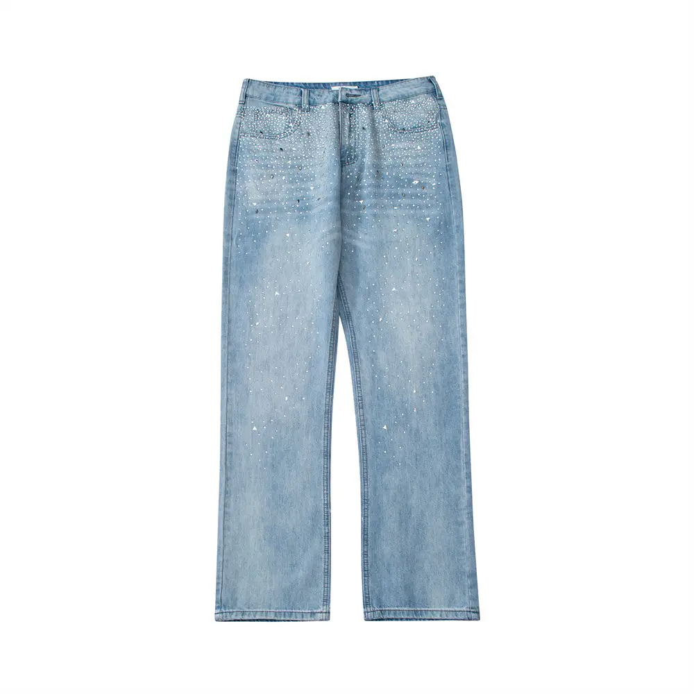 Jean de couleur unie en denim personnalisé, pantalon à jambe droite délavé, jeans à strass pour hommes, pantalons, jeans droits