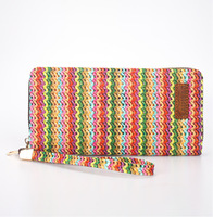 Dompet Panjang Warna Permen Manis Boho Dompet Anyaman Kapasitas Besar Tempat Kartu Dompet Uang Koin Tali Pergelangan Tangan Tas Clutch Resleting