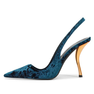 Zapatos de tacón de aguja dorados personalizados para mujer con correa trasera, de pana, tipo slingback, sandalias de vestir con punta. - Product Image 1