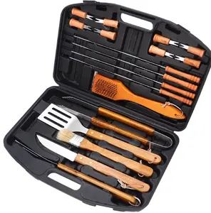 Wood Handle Grill Gifts Grilling Accessories in Portable Box 19PCS BBQ Stainless Steel BBQ Tools Set