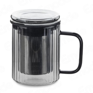 <span class=keywords><strong>Tazza</strong></span> <span class=keywords><strong>da</strong></span> tè scanalata a coste <span class=keywords><strong>con</strong></span> <span class=keywords><strong>filtro</strong></span> a coperchio, <span class=keywords><strong>filtro</strong></span> in acciaio inossidabile <span class=keywords><strong>da</strong></span> 350ml resistente al calore in vetro borosilicato nero - Product Image 1