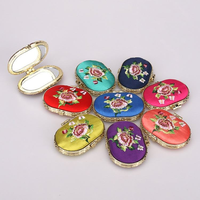 Miroir compact vintage en soie brodée de pivoines, miroir de poche double face portable, miroir cosmétique pour femmes, cadeau de maquillage