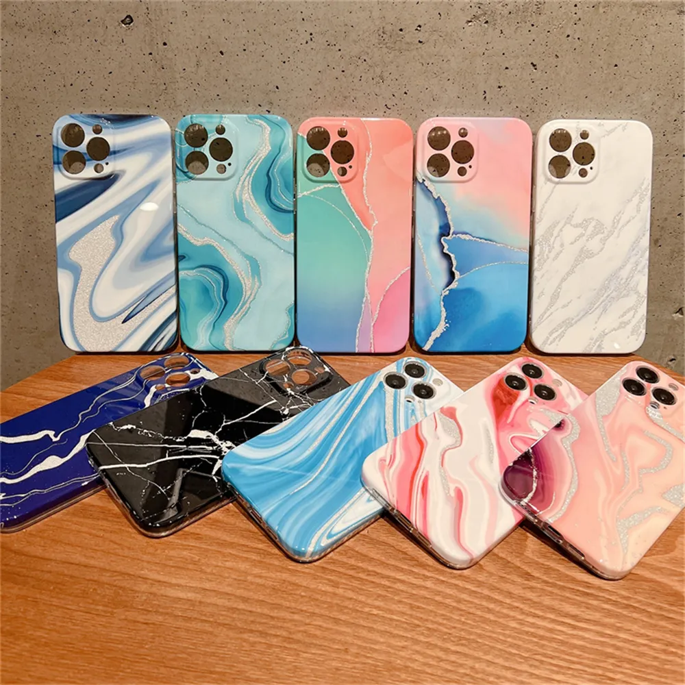 Luxury Ink Painting Marble Phone Case For iPhone 13 Pro Max 12 11 Gradient Full Lens Protect Soft Silicone IMD Shockproof Cover