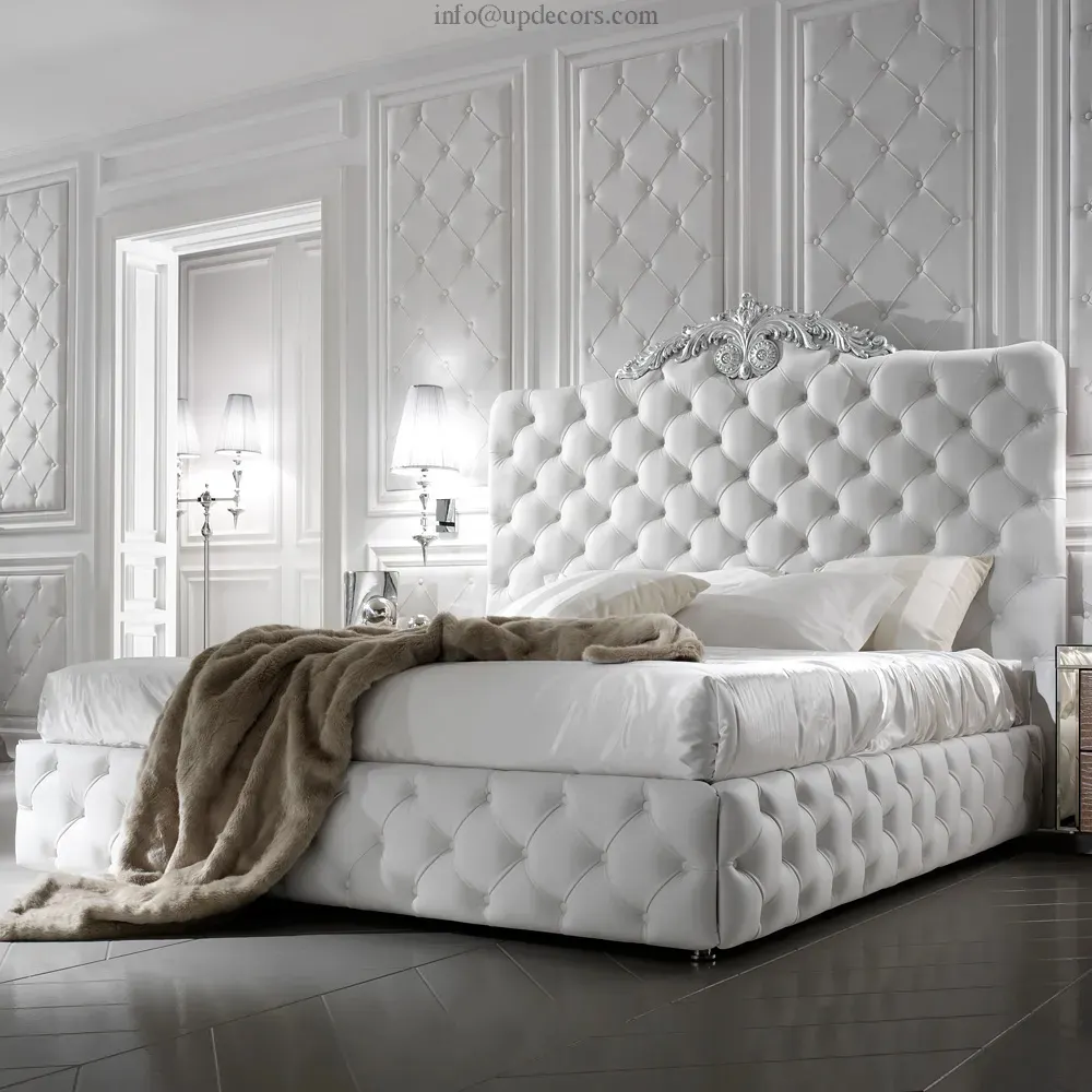 Эксклюзивная Роскошная итальянская кровать, белая кожаная кровать, классическая кровать для виллы, мебель для размера King и Queen