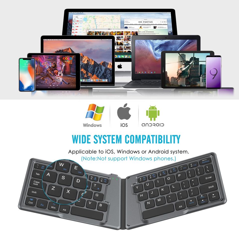 MoKo Ultra Slim Portable Wireless Rechargeable Mini Foldable QWERTY Keyboard Compatible With iPad iPhone IOS Android Windows