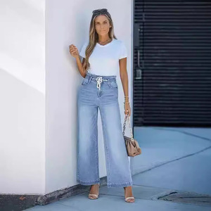 2024 para <span class=keywords><strong>Amazon</strong></span>, pantalones acampanados de cintura alta elástica para mujeres europeas y americanas, pantalones vaqueros sueltos Y2K con ajuste ajustado - Product Image 1